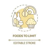 Foods to limit yellow concept icon. Avoid unhealthy products abstract idea thin line illustration. Isolated outline drawing. Editable stroke. Roboto-Medium, Myriad Pro-Bold fonts used vector