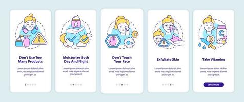 Skincare tips onboarding mobile app screen. Healthy skin walkthrough 5 steps graphic instructions pages with linear concepts. UI, UX, GUI template. Myriad Pro-Bold, Regular fonts used vector