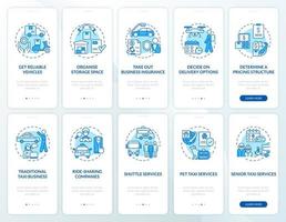 Start delivery business blue and white onboarding mobile app screen set. Postal walkthrough 5 steps graphic instructions pages with concepts. UI, UX, GUI template. Myriad Pro-Bold, Regular fonts used vector