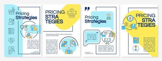 Pricing approaches blue and yellow brochure template. Marketing. Booklet print design with linear icons. Vector layouts for presentation, annual reports, ads. Questrial, Lato-Regular fonts used