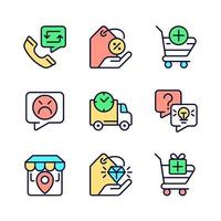 Internet shopping features pixel perfect RGB color icons set. Customer service. Product delivery. Isolated vector illustrations. Simple filled line drawings collection. Editable stroke