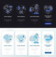 Smart home gear night and day mode onboarding mobile app screen. Walkthrough 4 steps graphic instructions pages with linear concepts. UI, UX, GUI template. Myriad Pro-Bold, Regular fonts used vector