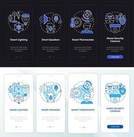 Smart home gear night and day mode onboarding mobile app screen. Walkthrough 4 steps graphic instructions pages with linear concepts. UI, UX, GUI template. Myriad Pro-Bold, Regular fonts used vector