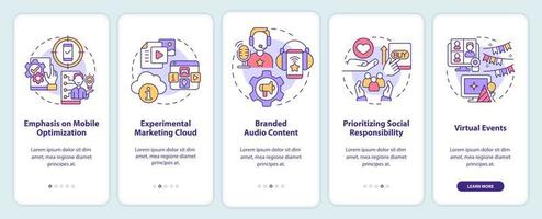 Marketing trends examples onboarding mobile app screen. Channels walkthrough 5 steps graphic instructions pages with linear concepts. UI, UX, GUI template. Myriad Pro-Bold, Regular fonts used vector