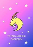 To hard working capricorn greeting card with color icon element. Postcard vector design. Decorative flyer with creative illustration. Notecard with congratulatory message on purple gradient