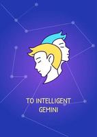 To intelligent gemini greeting aries card with color icon element. Zodiac sign. Postcard vector design. Decorative flyer with creative illustration. Notecard with congratulatory message on blue