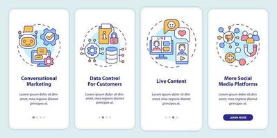 tendencias de marketing modernas que incorporan la pantalla de la aplicación móvil. tutorial de negocios páginas de instrucciones gráficas de 4 pasos con conceptos lineales. interfaz de usuario, ux, plantilla de interfaz gráfica de usuario. innumerables fuentes pro-negrita y regulares utilizadas vector