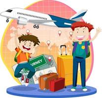 Happy tourists cartoon character with airplane vector