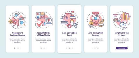 Fighting corruption onboarding mobile app page screen. Awareness and transparency walkthrough 5 steps graphic instructions with concepts. UI, UX, GUI vector template with linear color illustrations