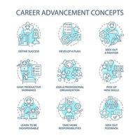 Career advancement blue concept icons set. Improvement in work. Successful employee. Professional development idea thin line color illustrations. Vector isolated outline drawings. Editable stroke