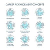 Career advancement blue concept icons set. Improvement in work. Successful employee. Professional development idea thin line color illustrations. Vector isolated outline drawings. Editable stroke