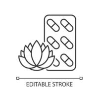 Tranquilizing supplements linear icon. Stress relieving complementary medicine. Peaceful rest. Thin line customizable illustration. Contour symbol. Vector isolated outline drawing. Editable stroke