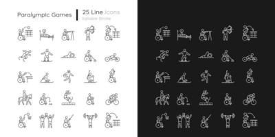 Sport competition linear icons set for dark and light mode. Athletes with disability. Customizable thin line symbols. Isolated vector outline illustrations collection. Editable stroke