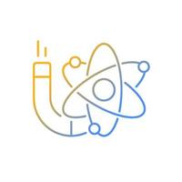 Physics gradient linear vector icon. Image of atom, electrons, protons, neutrons. Stydying of matter, motion, energy. Thin line color symbol. Modern style pictogram. Vector isolated outline drawing