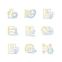 Various school subjects gradient linear vector icons set. Humanities and applied sciences. Health course in schools. Thin line contour symbols bundle. Isolated outline illustrations collection