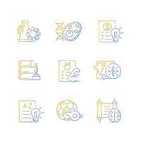 Various school subjects gradient linear vector icons set. Humanities and applied sciences. Health course in schools. Thin line contour symbols bundle. Isolated outline illustrations collection