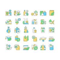 Waste recycling RGB color icons set. Enviromental protection. Ecogically friendly, compostable, biodegradable materials. Isolated vector illustrations. Simple filled line drawings collection