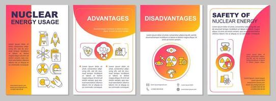 Nuclear power usage brochure template. Safety of atomic energy. Flyer, booklet, leaflet print, cover design with linear icons. Vector layouts for presentation, annual reports, advertisement pages