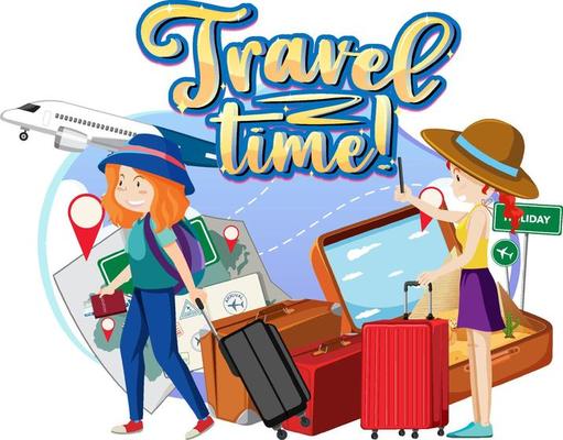 Travel Time typography logo with tourists cartoon character