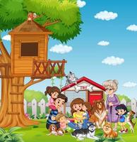 Outdoor scene with happy family and their dogs vector