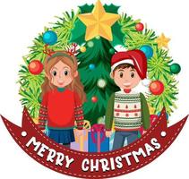 Christmas wreath banner with couple boy and girl vector