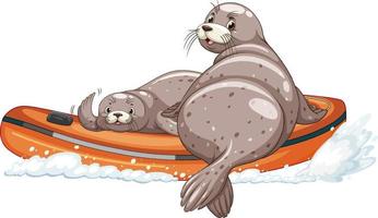 Seals on inflatable boat in cartoon style vector