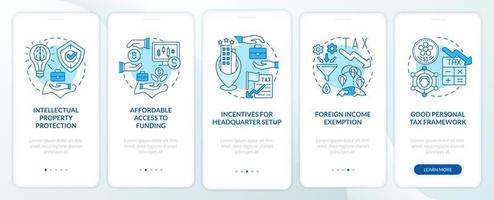 Setting up business in asian country blue onboarding mobile app screen. Walkthrough 5 steps graphic instructions pages with linear concepts. UI, UX, GUI template. Myriad Pro-Bold, Regular fonts used vector