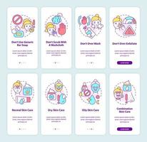 Skincare routine onboarding mobile app screen set. Beauty walkthrough 4 steps graphic instructions pages with linear concepts. UI, UX, GUI template. Myriad Pro-Bold, Regular fonts used vector