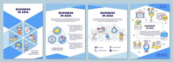 Business in asian countries blue brochure template. Booklet print design with linear icons. Vector layouts for presentation, annual reports, ads. Arial-Black, Myriad Pro-Regular fonts used
