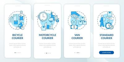 Courier business blue and white onboarding mobile app screen. Mail service walkthrough 4 steps graphic instructions pages with concepts. UI, UX, GUI template. Myriad Pro-Bold, Regular fonts used vector