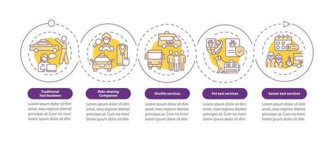 plantilla de infografía de círculo púrpura de tipos de negocios de taxi. servicio de envío visualización de datos con 5 pasos. gráfico de información de la línea de tiempo del proceso. diseño de flujo de trabajo con iconos. innumerables fuentes pro-negrita y regulares utilizadas vector