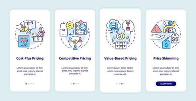 Pricing strategies onboarding mobile app screen. Price skimming walkthrough 4 steps graphic instructions pages with linear concepts. UI, UX, GUI template. Myriad Pro-Bold, Regular fonts used vector