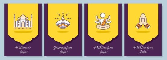 India travelling greeting card with color icon element set. Greetings and love from abroad. Postcard vector design. Decorative flyer with creative illustration. Notecard with congratulatory message