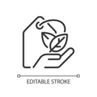 Eco brand pixel perfect linear icon. Sustainable business. Eco friendly and vegan products. Thin line illustration. Contour symbol. Vector outline drawing. Editable stroke. Arial font used