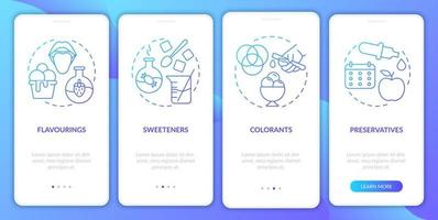 Food additives blue gradient onboarding mobile app screen. Walkthrough 4 steps graphic instructions pages with linear concepts. UI, UX, GUI template. Myriad Pro-Bold, Regular fonts used vector