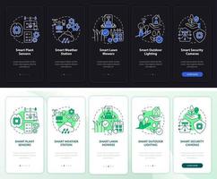 Smart agriculture night and day mode onboarding mobile app screen. Walkthrough 5 steps graphic instructions pages with linear concepts. UI, UX, GUI template. Myriad Pro-Bold, Regular fonts used vector