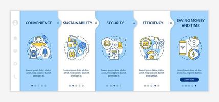 Smart technologies benefits blue and white onboarding template. Efficiency. Responsive mobile website with linear concept icons. Web page walkthrough 5 step screens. Lato-Bold, Regular fonts used vector