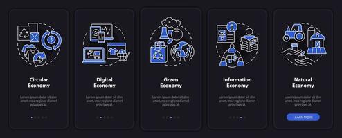 Economy models night mode onboarding mobile app screen. Market strategy walkthrough 5 steps graphic instructions pages with linear concepts. UI, UX, GUI template. Myriad Pro-Bold, Regular fonts used vector