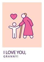 I love you, granny greeting card with color icon element. Send wishes to grandmother. Postcard vector design. Decorative flyer with creative illustration. Notecard with congratulatory message on pink