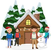 Four young men standing in front of winter house vector
