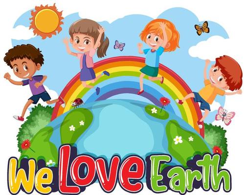 We love earth typography logo with happy children walking on earth