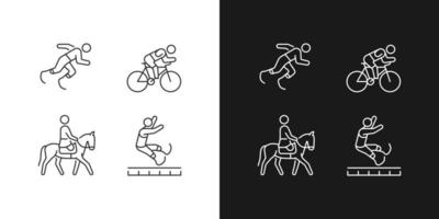 Adaptive sports linear icons set for dark and light mode. Equestrian and athletic sports. Prosthetic sportsman. Customizable thin line symbols. Isolated vector outline illustrations. Editable stroke
