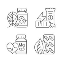 Food supplements linear icons set. Pills for skin beauty. Workout energy bar. Healthy snacks. Customizable thin line contour symbols. Isolated vector outline illustrations. Editable stroke