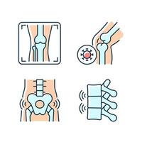 Extreme aching in bones RGB color icons set. Arthritis x ray. Infectious joint disease. Hips rheumatism. Ankylosing spondylitis. Isolated vector illustrations. Simple filled line drawings collection