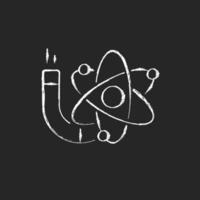 Physics chalk white icon on dark background. Image of atom, electrons, protons, neutrons. Stydying of matter, motion, energy, force. Isolated vector chalkboard illustration on black