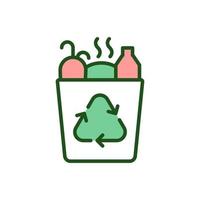 Trashcan full of garbage RGB color icon. Waste recycling sign on bin. Environmental protection. Collection of household refuse. Isolated vector illustration. Simple filled line drawing