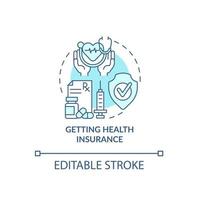 Getting health insurance blue concept icon. Things to consider when moving abstract idea thin line illustration. Medical protection. Medicare. Vector isolated outline color drawing. Editable stroke