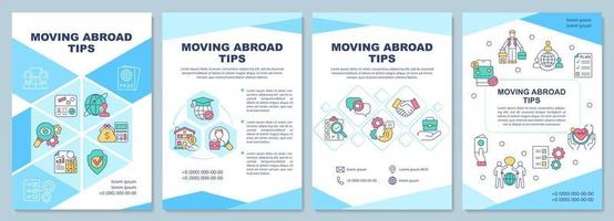 Moving abroad tips brochure template. Relocate to foreign country. Flyer, booklet, leaflet print, cover design with linear icons. Vector layouts for presentation, annual reports, advertisement pages