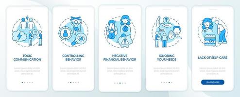 Signs of abusive relationships onboarding mobile app page screen. Lack of self-care walkthrough 5 steps graphic instructions with concepts. UI, UX, GUI vector template with linear color illustrations