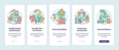 Signs of balanced life onboarding mobile app screen. Happiness walkthrough 5 steps graphic instructions pages with linear concepts. UI, UX, GUI template. Myriad Pro-Bold, Regular fonts used vector